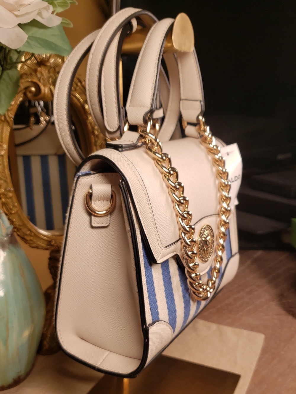 ALDO Blue & White Striped Satchel Crossbody w/ Gold Lion & Chain Accent NWT! - Picture 4 of 11